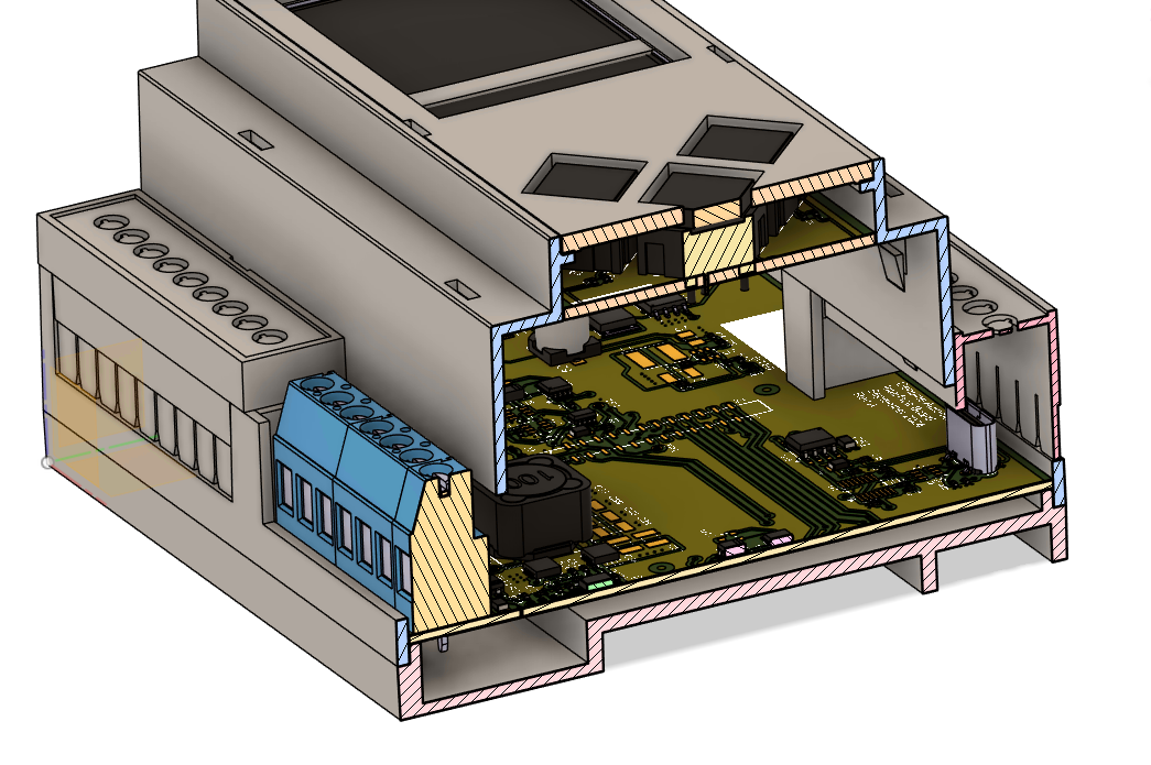 A photorealistic 3D render of a populated PCB from Fusion 360